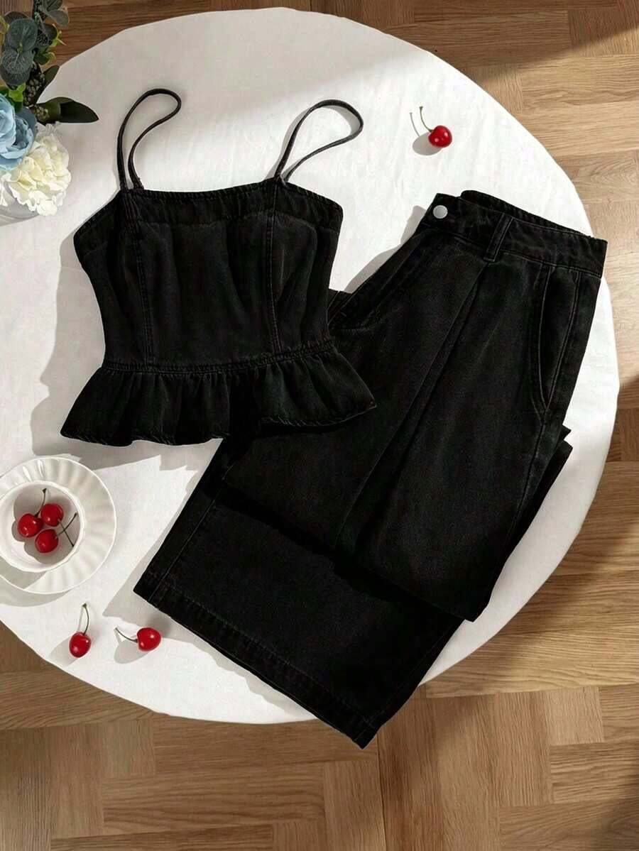 Conjunto de camisola de mezclilla casual y pantalones de pierna ancha para mujer - Negro - Ver 1