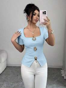 Blusa elegante y urbana de cuello cuadrado con decoración metálica de manga corta ajustada para mujer, adecuada para uso diario, bodas, galas, viajes, fiestas de graduación, vacaciones, citas, fiestas, Halloween, Navidad, Año Nuevo, Acción de Gracias, bodas - Celeste - Ver 6