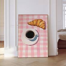 1pc Canvas Print Wall Art With Frame. Pink Plaid Coffee And Croissant Painting, Vintage French Breakfast Poster, Aesthetic Kitchen And Cafe Decor. A Charming Soft-Toned Food Themed Painting, Ideal For Restaurants And Cafes - Multicolor - View 7