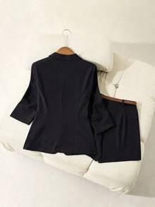 Traje de blazer de unicolor + shorts con cinturón - Negro - Ver 2