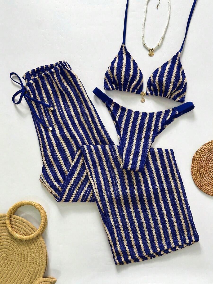 Swim Chiccia Conjunto de bikini a rayas sexy para mujer con pantalones, nueva llegada de trajes de baño para mujer 2026, adecuado para la escuela, vacaciones, citas, té de la tarde, estilo occidental, cruceros, playa, isla, viajes por carretera, todas las estaciones, festivales de música, vacaciones bohemias, vacaciones bohemias, otoño relajado, estilo occidental bohemio, blusas elegantes para mujer - Azul - Ver 1