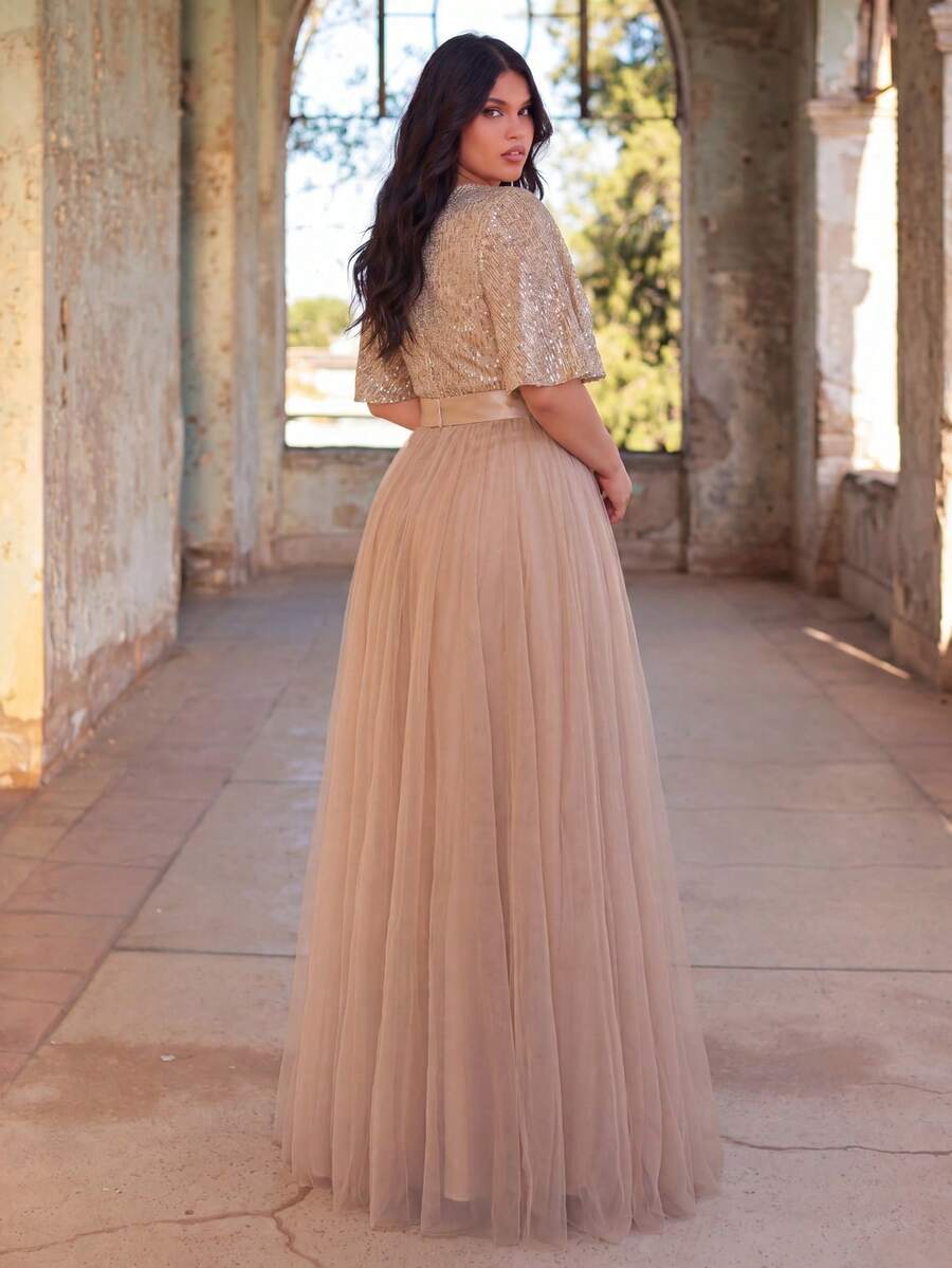 Faeriesty Plus Size Women's V-Neck Chiffon A-Line Evening Dress, Ruffle Sleeve Design Fall Elegant Party Wedding