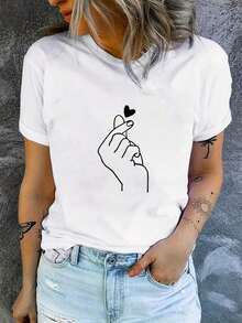 T-Shirt With Finger Heart Pattern, Short Sleeves And Round Neck, Suitable For Summer And Spring, Women's Clothing, Summer T-Shirt - White - View 7