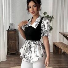 Women's Spring/Summer Exquisite Elegant Colorblock Patchwork Square Neck Ruched Waist Printed Short Sleeve Top, Suitable For Casual Daily Life, Travel, Beach, Music Festivals, Commuting - Multicolor - Ver 6