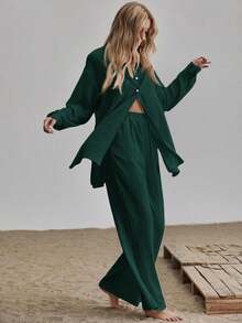 Conjunto camisa larga bajo con abertura con pantalones de pierna ancha - Verde Oscuro - Ver 4