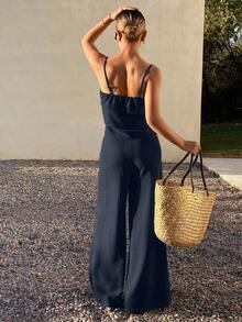 Conjunto de 2 piezas de top de tirantes con volantes y pantalones sueltos casuales de verano para mujer - Azul marino 2 - Ver 2