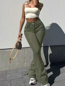 GILIPUR Jeans acampanados de talle alto estilo Y2K, pantalones de mujer de unicolor, elásticos y elegantes, de mezclilla lavada en azul medio, pantalones de moda callejera casual - Verde militar - Ver 10