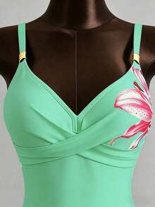 Conjunto de bikini de 2 piezas con estampado floral, accesorio de metal y correa ajustable, de caliente para vacaciones de primavera/verano y playa - Verde - Ver 6