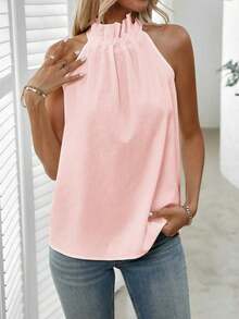 Blusa plisada de unicolor, versátil y casual para uso diario - Rosa - Ver 4