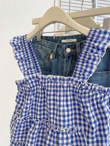 Blusa linda con volantes a cuadros para mujer - Azul - Ver 7