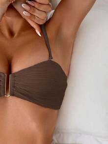 Swim Conjunto de bikini de verano para mujer de unicolor con pliegues y sexy - Café integral - Ver 4