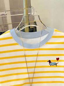Camiseta de mujer con paneles de imitación de denim a rayas / Estampado de Dachshund / Uso diario casual / Verano - Multicolor 6 - Ver 3