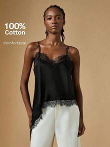 Camiseta de mujer de verano con encaje asimétrico, top blanco, regalo de San Valentín para mujeres, top elegante de mujer, top de verano, vacaciones de mujer, estilo de dinero antiguo / Top camisero de mujer con ribete de encaje de satén y cuello - Negro - Ver 6