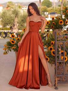 Vestido maxi de línea A con escote corazón, tirantes finos, cintura alta, abertura alta en la espalda y cruzado con lazo, unicolor elegante, adecuado para baile de graduación, invitada de boda, fiesta de bienvenida, cita, cena formal, fiesta de cumpleaños, fiesta de vacaciones en primavera - Naranja - Ver 8
