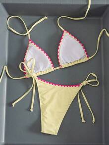 Bikini de mujer de unicolor con escote halter y lazos, estilo sexy, minimalista y elegante para playa, vacaciones, viajes y fiestas, nueva colección primavera/verano - capullos de color rosa amarillento - Ver 3