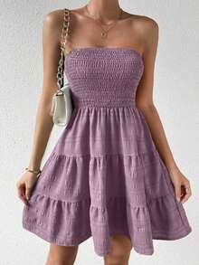 Vestido Tubo Minimalista de Color Sólido con Volantes en el Bajo para Mujer, Verano - Morado - Ver 3