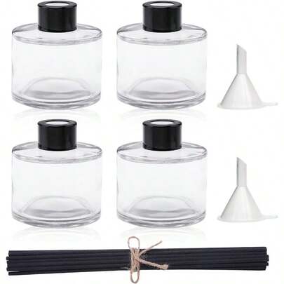 4PCS Fragrance Glass Diffuser Bottles, Refillable Diffuser Bottles With 20pcs Reeds Sticks Black Caps Funnel, Diffuser Jars Home Oil Fragrance Decoration Girl Women (150ML)