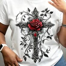 Unisex T-Shirt With Gothic Cross And Rose Print, 100% Cotton, Round Neck, Short Sleeve, Dark And Aesthetic Style Design, Casual And Urban Style, Ideal For Daily Wear, Parties, Summer And Streetwear, Soft And Breathable, Look With Attitude - 白色 - 查看 1