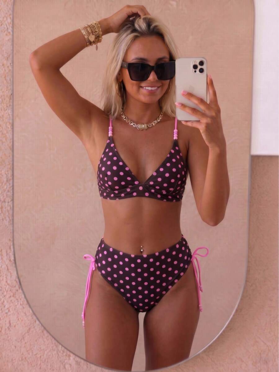 August vacation 八月假期女士时尚可爱串珠设计玫红色波点印花性感比基尼泳衣,随机花卉印花沙滩度假泳装,夏季 - 彩色 - 查看 1