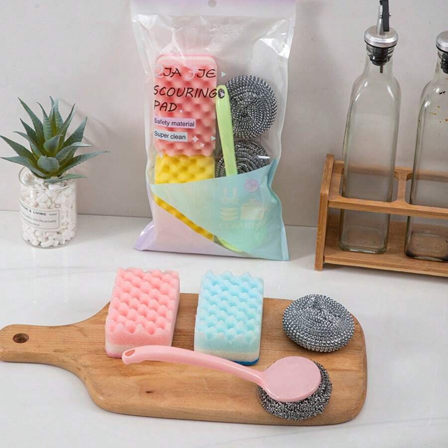 Bộ dụng cụ vệ sinh nhà bếp, gồm bông rửa chén, miếng cọ rửa, khăn lau tay cầm chén, miếng bọt biển và bộ dụng cụ vệ sinh nồi chảo. - ngẫu nhiên - Xem 1