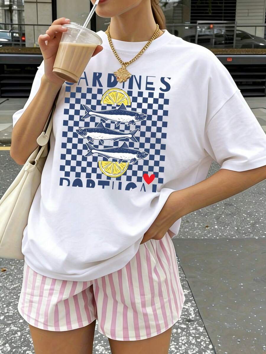 Women Pure Cotton T Shirt Fun Print Cardines And Lemon Design Elegant Cute Summer Wear Y2k Style High Quality Casual Top For Beach Party Outfits Trendy Fashion Statement Piece - Blanco - Ver 1