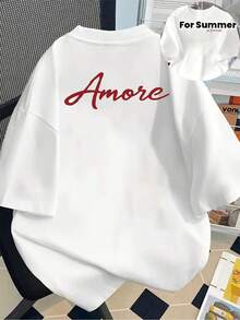 Love Print T-Shirt, Short Sleeve, Round Neck, Casual Style For Spring And Summer, Women's Clothing, Y2k, T-Shirt, Shirt - 白色 - 查看 10