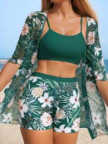 Conjunto de playa de 3 piezas para mujer: top de bikini corto negro, kimono de malla y shorts - Multicolor 3 - Ver 9