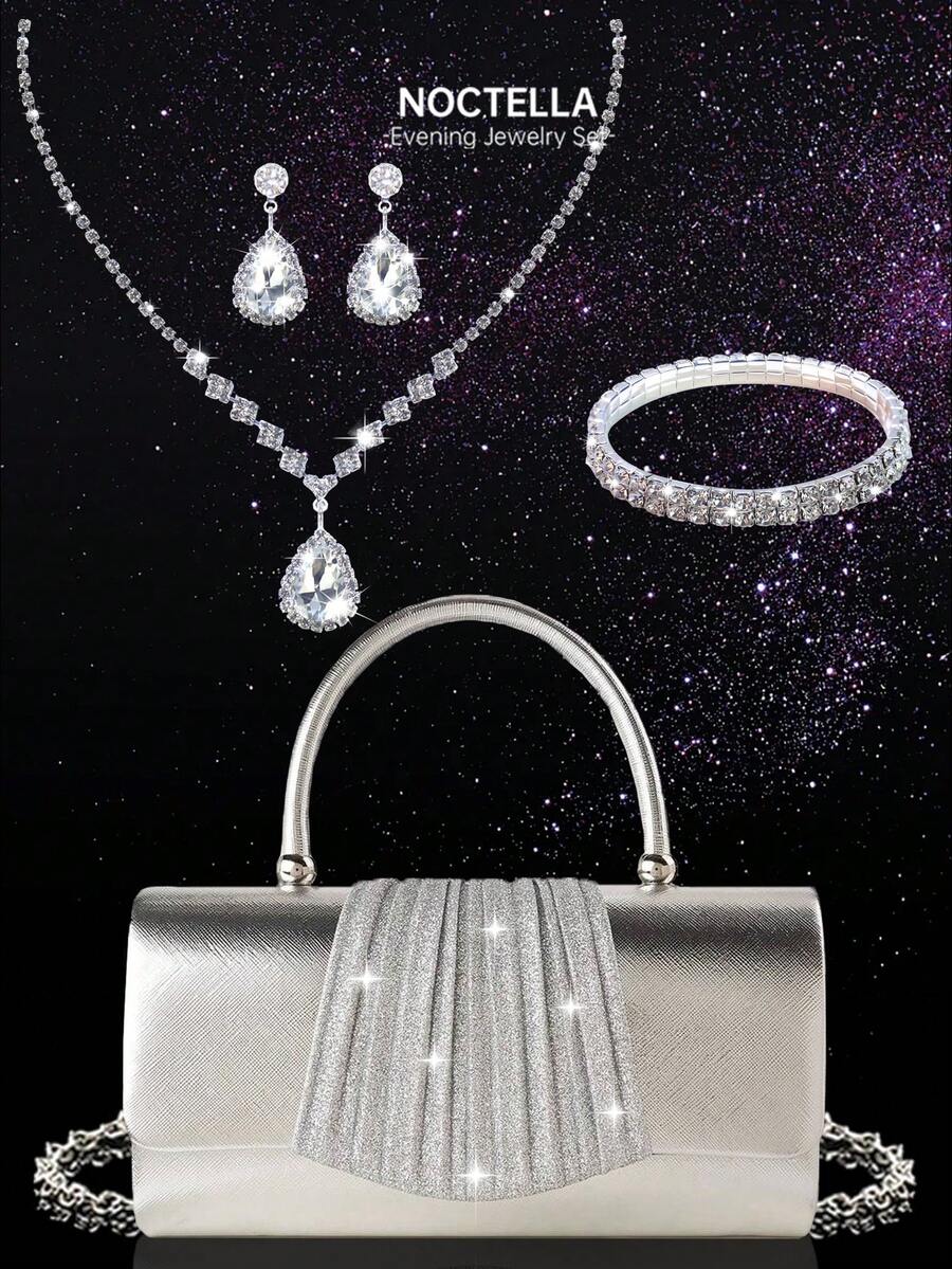 Noctella 4-Piece Rhinestone Jewellery Set, Including A Sparkling Necklace, Earrings And Bracelet, Paired With Glittering Square Handbag, Elegant And Fashionable Flap Evening Bag, New Luxury Ladies' Party Bag, Suitable For Ladies And Girls To Use At Parties, Proms, Weddings And Dinners. - Silver - View 1