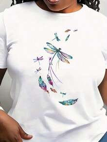 Una camiseta estampada de verano para mujer con diseño de libélula en acuarela. Tiene cuello redondo y mangas cortas, preferido por los amantes de la naturaleza. Lavable a máquina.-Camiseta unisex de algodón holgada de manga corta y cuello redondo estilo vintage urbano. - Blanco - Ver 1