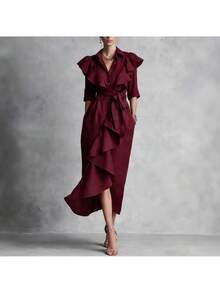 Vestido largo por debajo de la rodilla con cordón, corte holgado favorecedor, botonadura sencilla y volantes, nueva colección primavera-verano 2026 - Burdeos - Ver 2