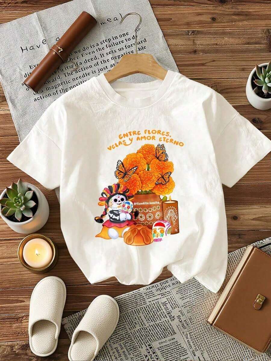 Women's Plus Size Soft Cotton T-Shirt With Day Of The Dead Skull And Flower Print, Halloween Gift, Outfit, Fashionable Summer Dresses For Women, Perfect Casual Wear For All Seasons, S M L XL - 白色 - 查看 1