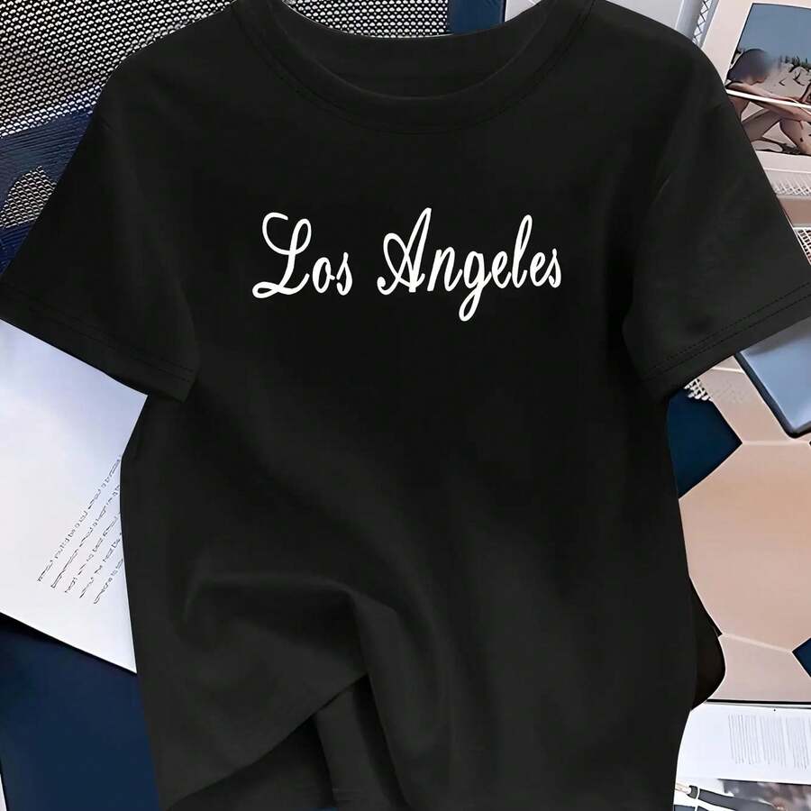 Graphic Love Casual T-Shirt fclothes Women - Los Angeles Print, Soft, Round Neck, Shclothest Sleeve, Loose Fit, Complete Seasonal Fashion - Negro - Ver 1
