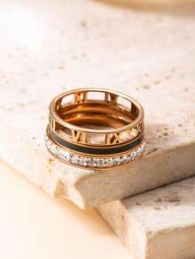 Set de 3 anillos de acero inoxidable con diamante de imitación, estilo europeo y americano de lujo, adecuado para uso diario y como regalo - Oro rosa - Ver 11