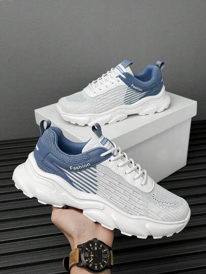 Men's Fashion Contrast Striped Knit Patchwork Lace-Up Low-Top Running Shoes, Niche Casual Hiking Outdoor Sports Sneakers For Teenagers And Young Adults