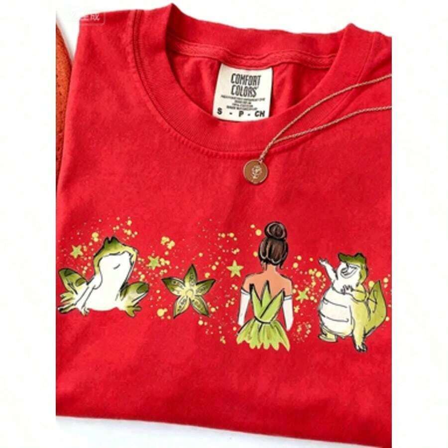 | 1 Playera para Mujer 100% Algodón Transpirable|Camiseta oficial de la Princesa y el Sapo Tiana para mujer - Diseño de aventura en la bahía de acuarela y la casa de Tiana en Nueva Orleans, cuello redondo suave, manga corta, informal y elegante para fiestas, cómoda para todas las estaciones, lavable a máquina, atuendo temático para la familia, ropa de invierno para mujer - Ideal para el verano. - Rojo - Ver 1