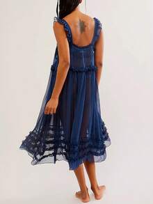 Women See Through Flowy Long Dress Sleeveless Ruffle Sheer Mesh Maxi Beach Dress Vocation Bikini Coverups - Navy Blue - View 2