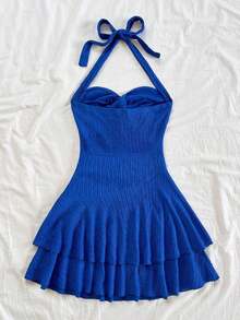 AVestido mini sexy con espalda descubierta, corbata en el cuello, dobladillo fruncido y doble capa, adecuado para fiestas, citas, San Valentín - azul real - Ver 2