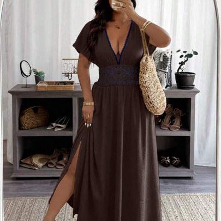 Clasi Plus Size Women Deep V-Neck Solid Short Sleeve Ruched Waist Sexy Vacation Dress - Marrón - Ver 1
