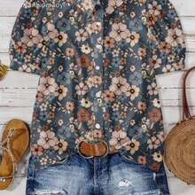 Plus Size Casual Floral All-Over Print Shirt, Suitable For Summer Chic Blouses For Women - Multicolor - Ver 1