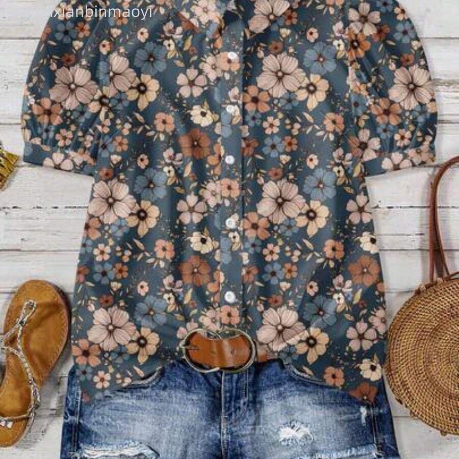 Plus Size Casual Floral All-Over Print Shirt, Suitable For Summer Chic Blouses For Women - Multicolor - Ver 1