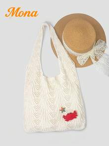 Túi đi biển lưới móc lớn, túi tote thủ công đính hình cua đỏ, túi đeo vai bằng vải cotton nhẹ dành cho nữ, thích hợp cho kỳ nghỉ hè và đi bơi. - Màu be - Xem 5