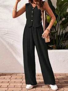Frenchy Set de 2 piezas para mujer de top sin mangas y pantalones de estilo casual con un solo botón, para verano - Negro 2 - Ver 5