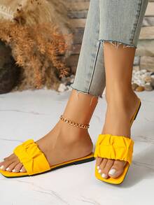 New Ruched Lace Square Toe Slide Sandals, Casual Vacation Style Flat Sandals, Fashionable Square Toe Slides For Vacation Season, Versatile Flat Slides In Fresh Colors - Yellow - View 5