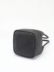 SCULPTEDSTYLE BAGS 1個裝高級女款純色PU壓紋編織格紋手提水桶包，百搭編織紋理翼形手提包，時尚簡約優雅多功能經典編織PU材質多風格包款，適合通勤、辦公、約會、日常購物、下午茶等場合 - 黑色 - 查看 6