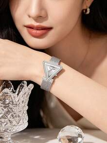 Guess Fame Series Silver Triangle Case Watch With Crystal Decor, Accessory, Brand Gift, Daily Commute & Date Outfit Watch, Anniversary Gift For Girlfriend/Best Friend, Comes With Original Watch Box GW0508L1 - Silver - View 1