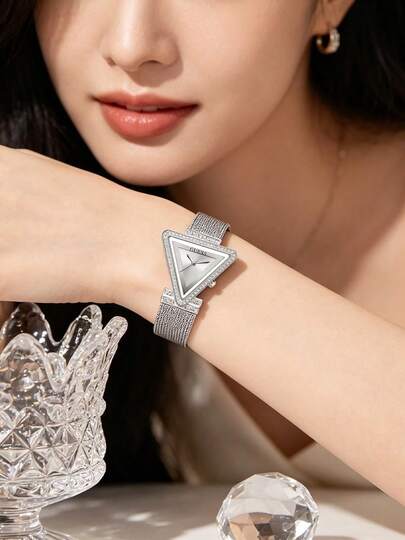 Guess Fame Series Silver Triangle Case Watch With Crystal Decor, Accessory, Brand Gift, Daily Commute & Date Outfit Watch, Anniversary Gift For Girlfriend/Best Friend, Comes With Original Watch Box GW0508L1