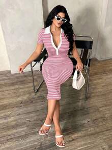 Vestido polo de manga corta a rayas blanco y negro de estilo minimalista y casual para ir al trabajo, vestido de punto de media longitud con ajuste ceñido y gran elasticidad, vestido elegante francés - Rosa - Ver 6