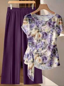 Conjunto de 2 piezas de blusa con lazo y pantalones de pierna recta para mujer - Multicolor 10 - Ver 1