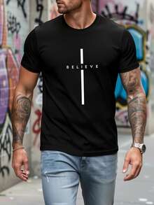 Camiseta de Hombre con Estampado BELIEVE - Negra con Estampado Blanco, Corte Regular, Casual de Verano, Manga Corta, Lavable a Máquina, Diseño Estilo Urbano, Tela Sencilla y Cómoda, Camiseta Ligera, Esencial para la Moda Urbana. - Negro - Ver 7