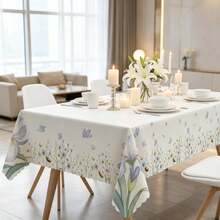 2D Flat Print Fresh Iris & Daisy Tablecloth, Light Beige Base With Watercolor Blue & Purple Floral Pattern, 1pc Polyester Round/Rectangle Tablecloth, Suitable For Indoor Dining, Outdoor Picnic, Garden Party, Dust Cover, Multi-Size Available, Indoor & Outdoor Use - A - View 2